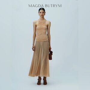 Magda Butrym Tan Pink Ruched Halter Cocktail Dress